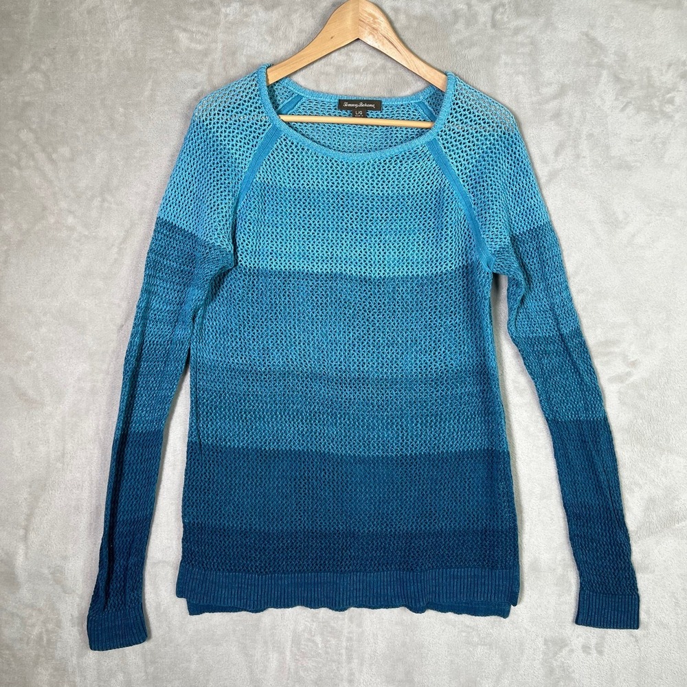 Tommy Bahama Cover Up Large Blue Ombre Linen Blend Loose Knit Long Sleeve Swim